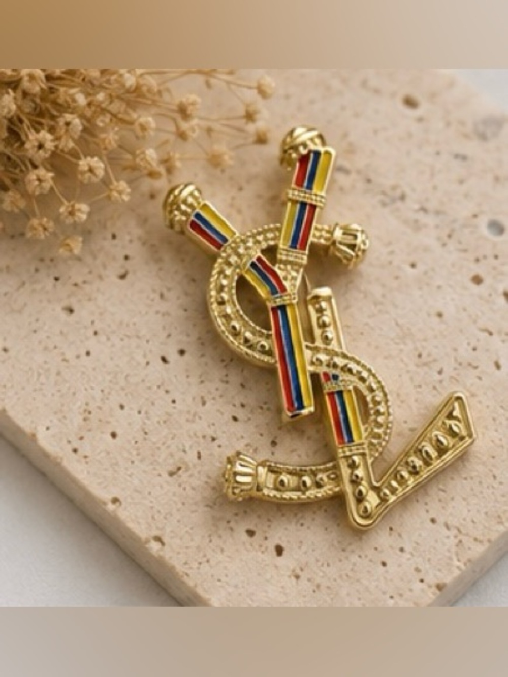 Gold Tone Multicolor Enamel Statement Brooch Luxury Inspired Lapel Pin - Picture 3 of 8
